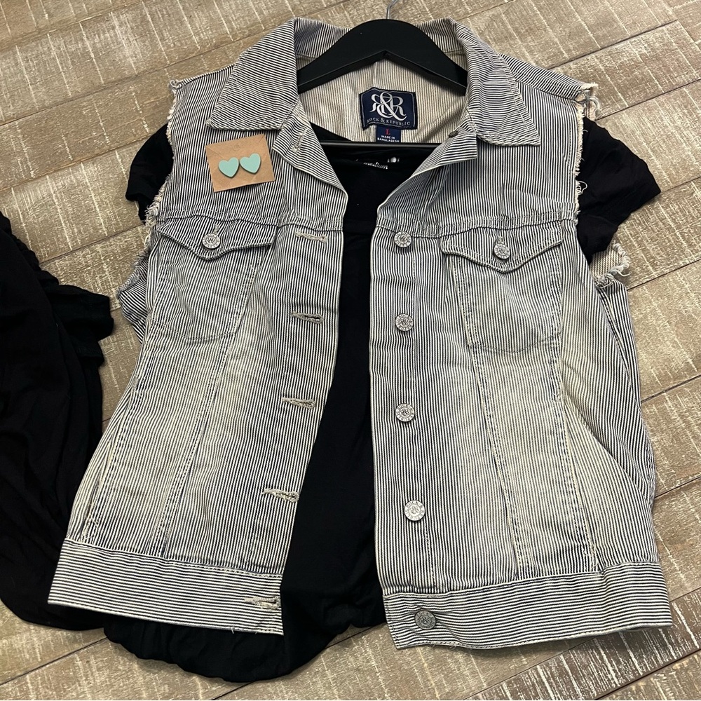Rock & Republic Striped Jean Vest Women's Size L